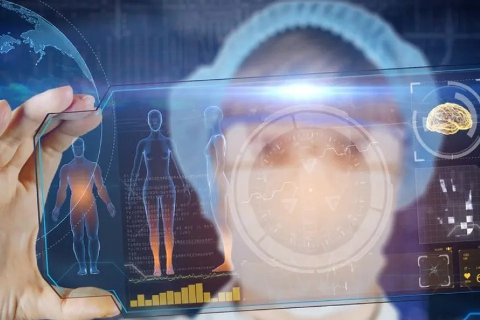 A person holding up a smart phone with a virtual interface on it.