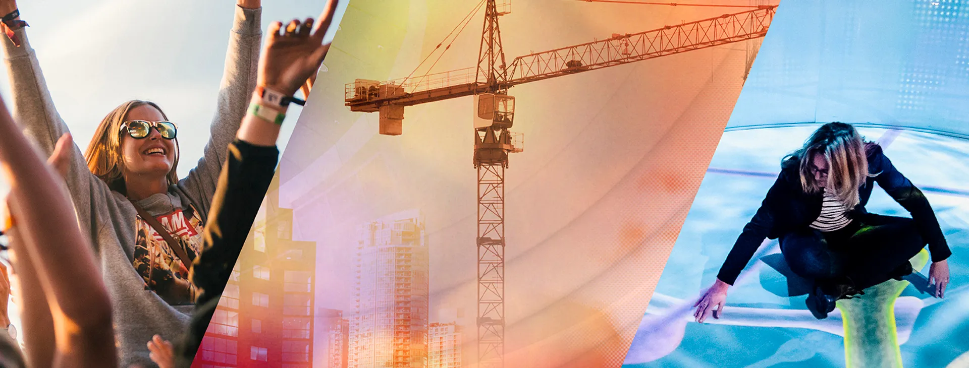 A collage of images of people and a crane.